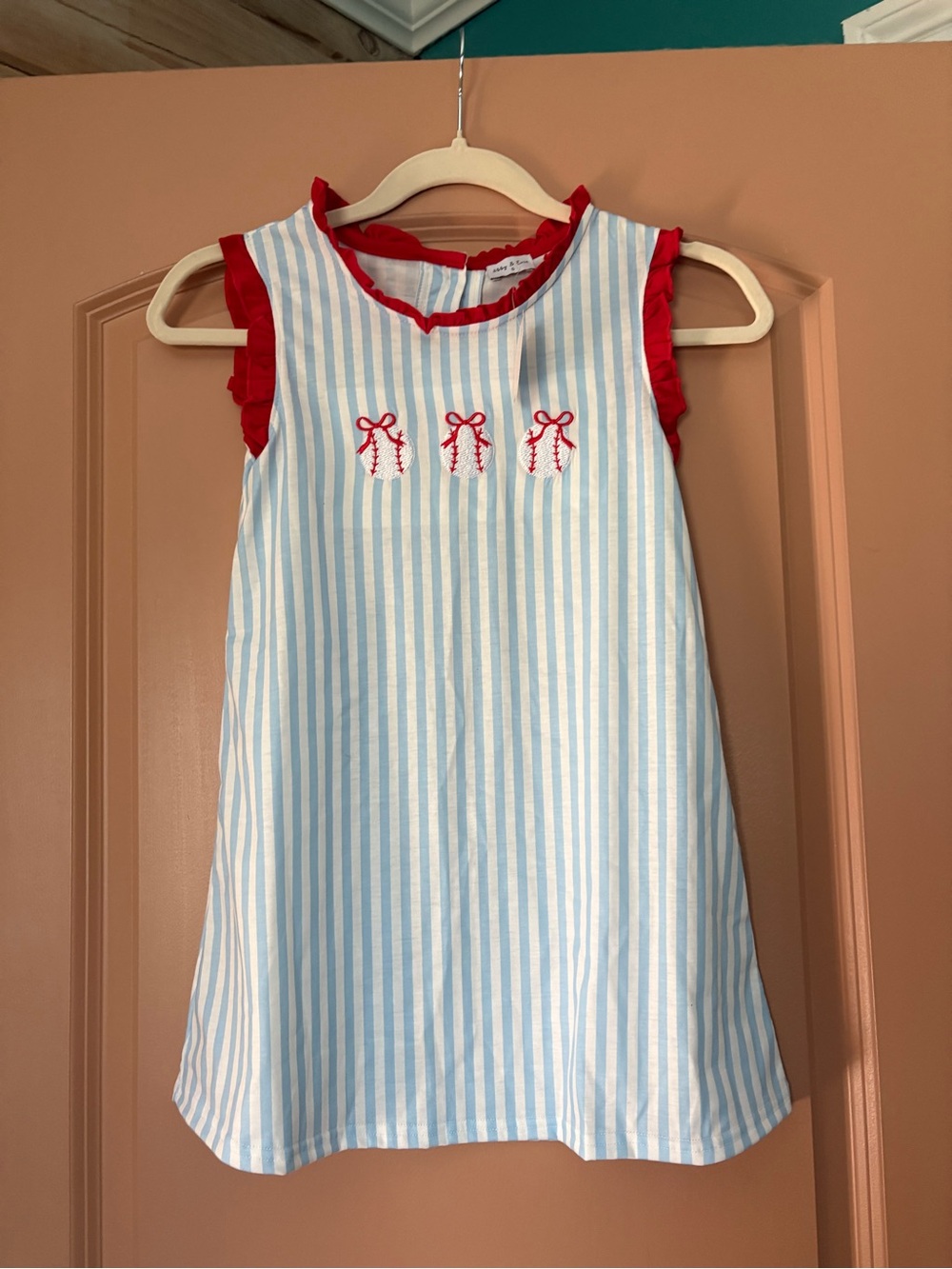 Abby & Evie Girls Blue & White Striped Dress with Red Trim and Bows